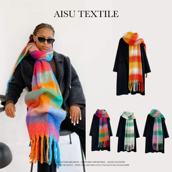 Colorful plaid scarf women's winter warm scarf mohair thickened long scarf - Image 2