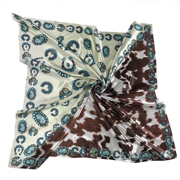 Silk Scarf European and American Womens 90 Square Scarf Western Style Vintage Printed Cow Pattern Turquoise Scarf - Image 5