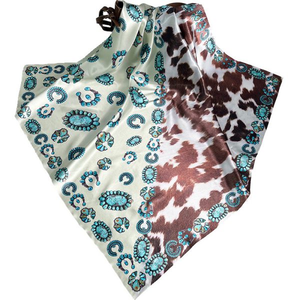 Silk Scarf European and American Womens 90 Square Scarf Western Style Vintage Printed Cow Pattern Turquoise Scarf - Image 2