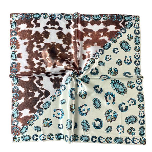 Silk Scarf European and American Womens 90 Square Scarf Western Style Vintage Printed Cow Pattern Turquoise Scarf - Image 6