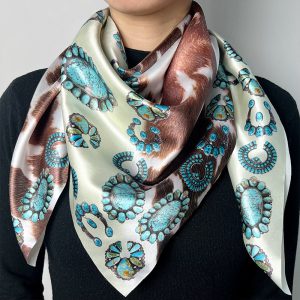 Silk Scarf European and American Womens 90 Square Scarf Western Style Vintage Printed Cow Pattern Turquoise Scarf